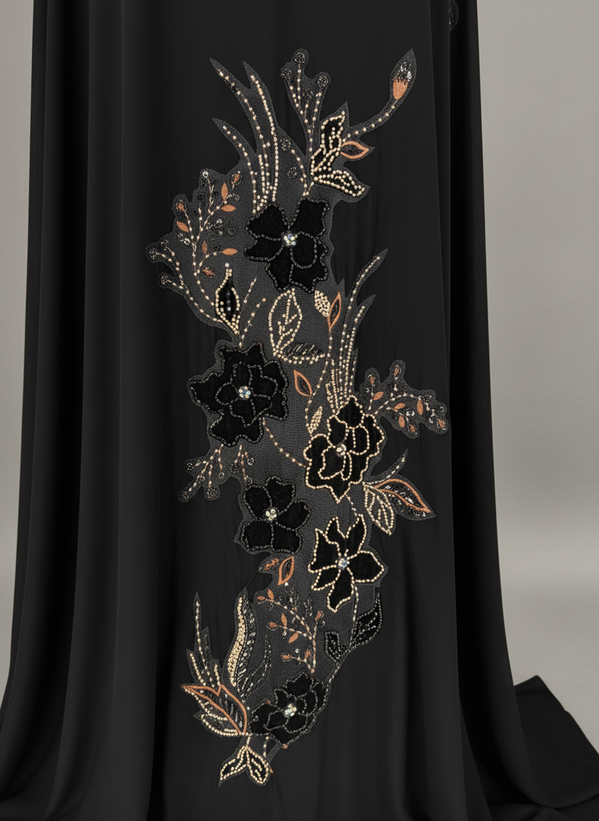Premium Black Korean Nida Abaya – Elegant Handwork & Lace Floral Embroidery with Chiffon Headscarf