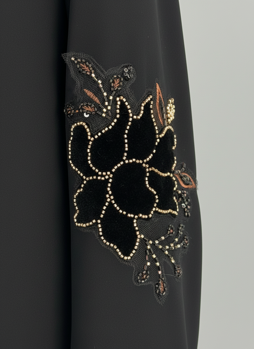 Premium Black Korean Nida Abaya – Elegant Handwork & Lace Floral Embroidery with Chiffon Headscarf