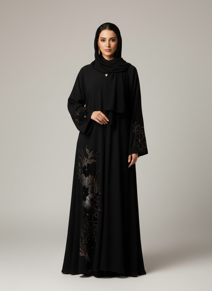 Premium Black Korean Nida Abaya – Elegant Handwork & Lace Floral Embroidery with Chiffon Headscarf