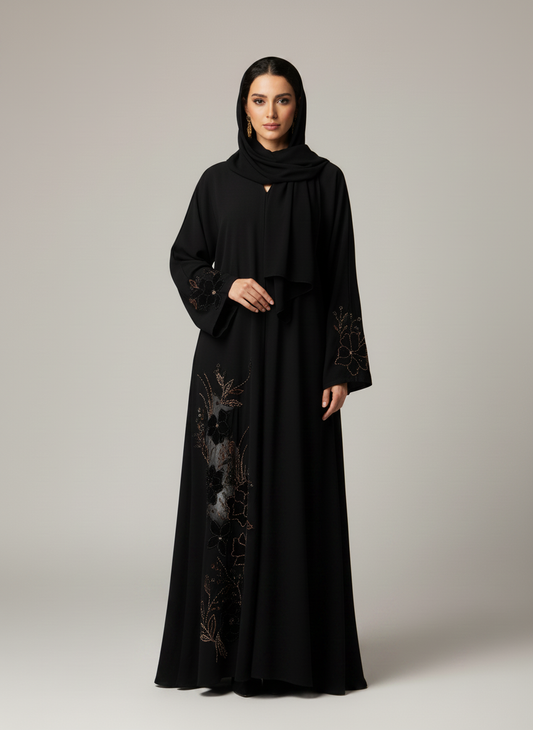 Premium Black Korean Nida Abaya – Elegant Handwork & Lace Floral Embroidery with Chiffon Headscarf