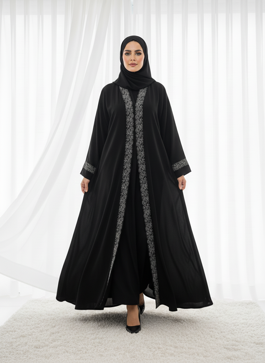 Jet Black Silver Lace Filigree With Headscarf
