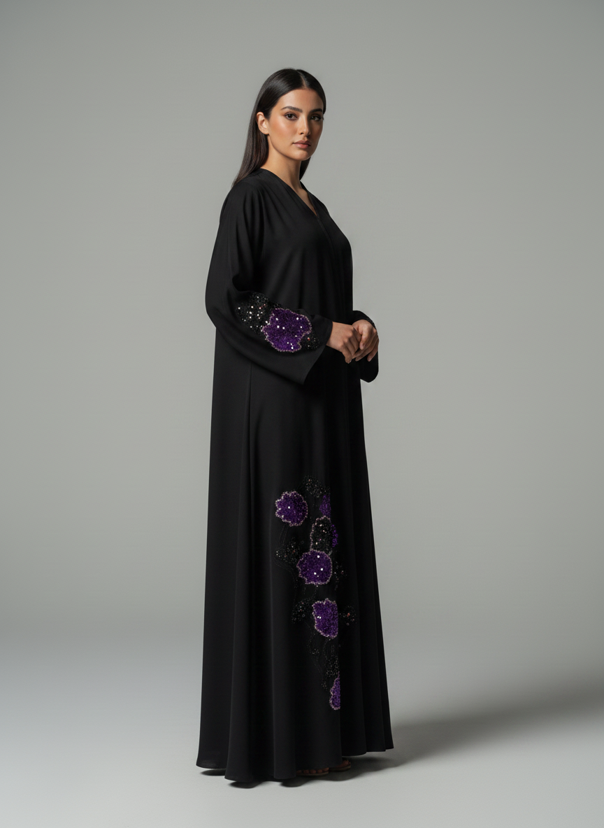 Luxe Black Korean Nida Abaya – Purple Sequin Floral Handwork with Chiffon Headscarf