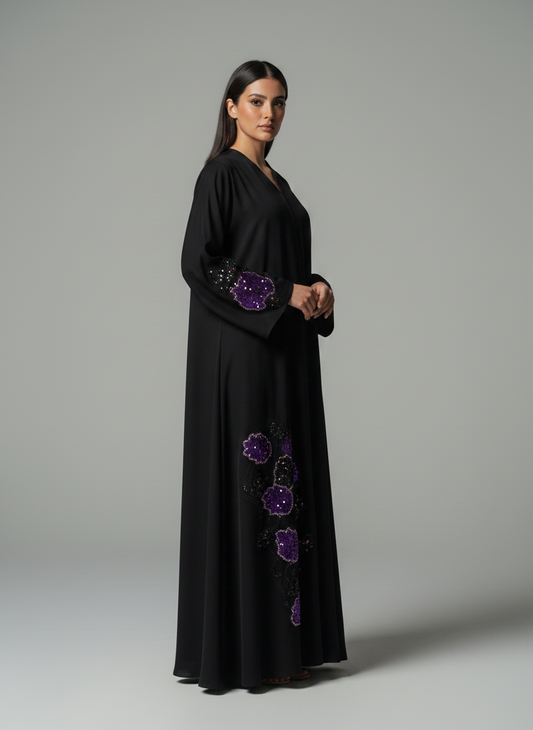 Luxe Black Korean Nida Abaya – Purple Sequin Floral Handwork with Chiffon Headscarf