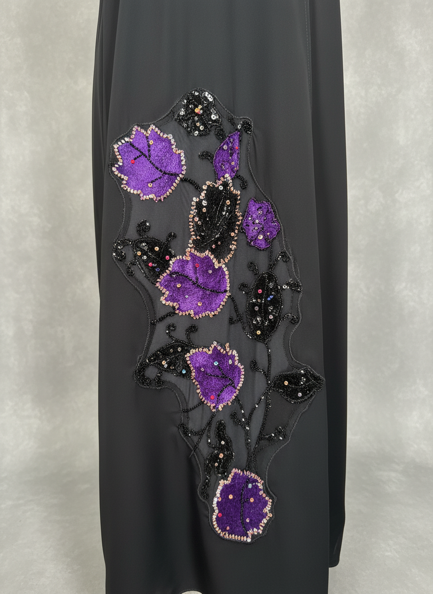Luxe Black Korean Nida Abaya – Purple Sequin Floral Handwork with Chiffon Headscarf
