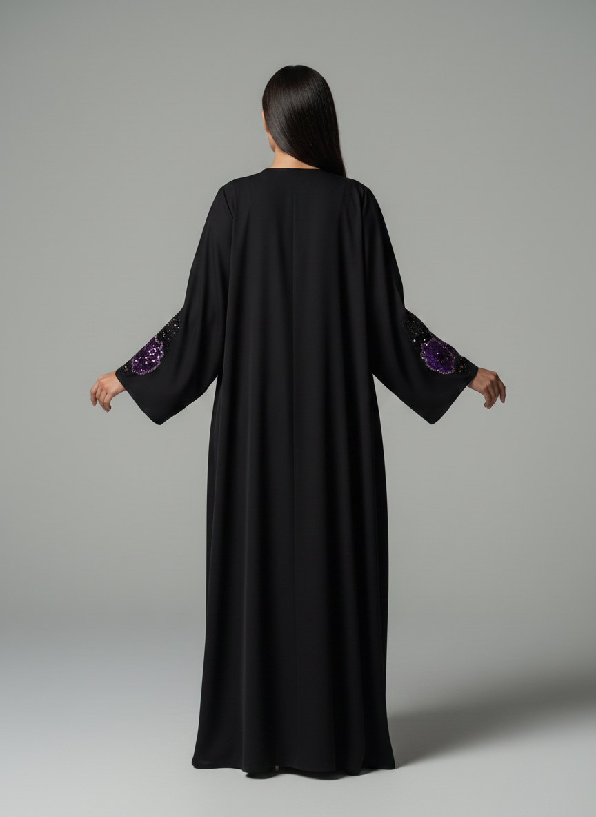 Luxe Black Korean Nida Abaya – Purple Sequin Floral Handwork with Chiffon Headscarf