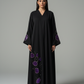 Luxe Black Korean Nida Abaya – Purple Sequin Floral Handwork with Chiffon Headscarf