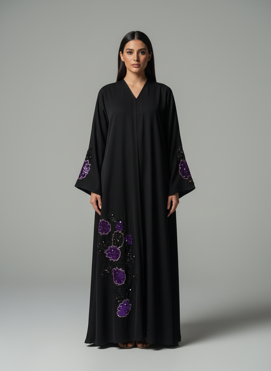 Luxe Black Korean Nida Abaya – Purple Sequin Floral Handwork with Chiffon Headscarf