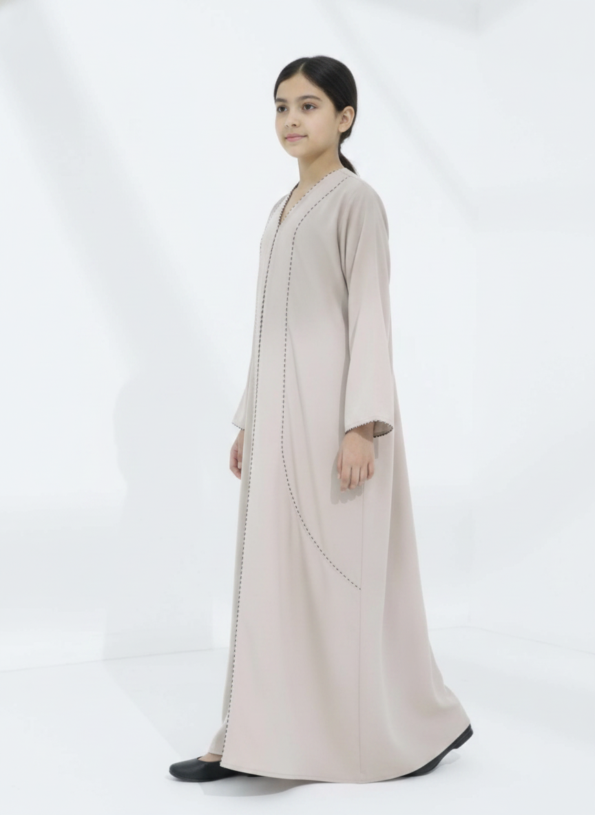 Melange Fabric Beige Kids Abaya with Lace On Front & Cuffs – Elegant Girls Modest Wear