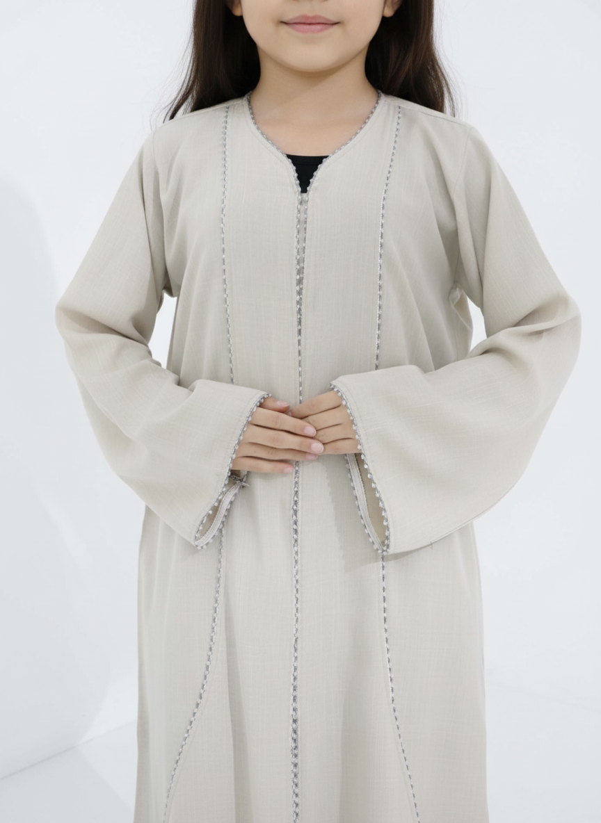 Melange Fabric Beige Kids Abaya with Lace On Front & Cuffs – Elegant Girls Modest Wear