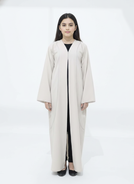 Melange Fabric Beige Kids Abaya with Lace On Front & Cuffs – Elegant Girls Modest Wear