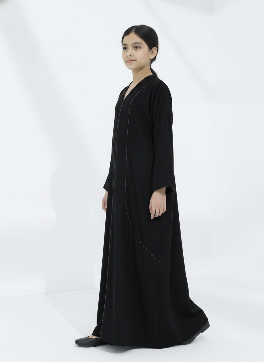 Melange Fabric Black Kids Abaya with Lace On Front & Cuffs – Elegant Girls Modest Wear