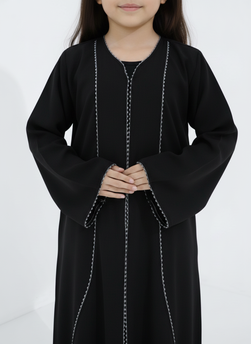 Melange Fabric Black Kids Abaya with Lace On Front & Cuffs – Elegant Girls Modest Wear