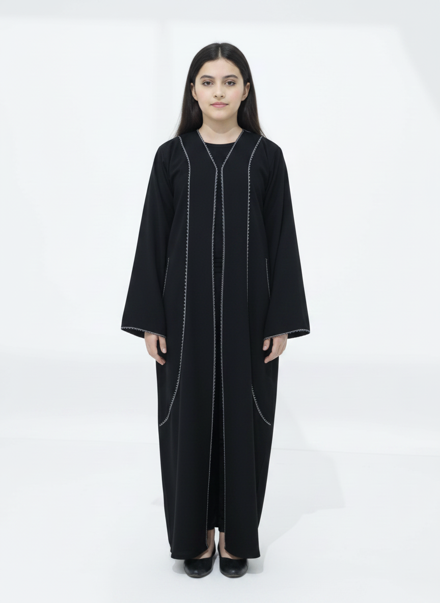 Melange Fabric Black Kids Abaya with Lace On Front & Cuffs – Elegant Girls Modest Wear