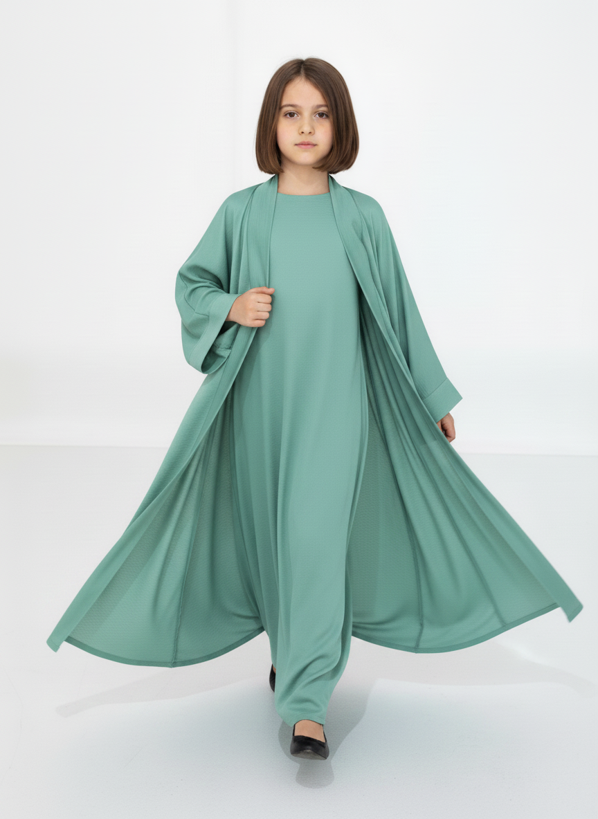 Green Premium 3-Piece Kids Abaya Set – Lightweight Harir Maqsood Modest Wear for Girls