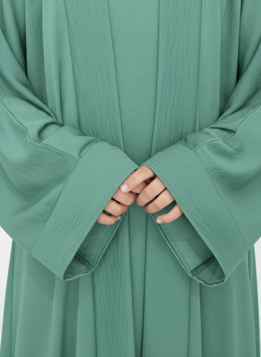 Green Premium 3-Piece Kids Abaya Set – Lightweight Harir Maqsood Modest Wear for Girls