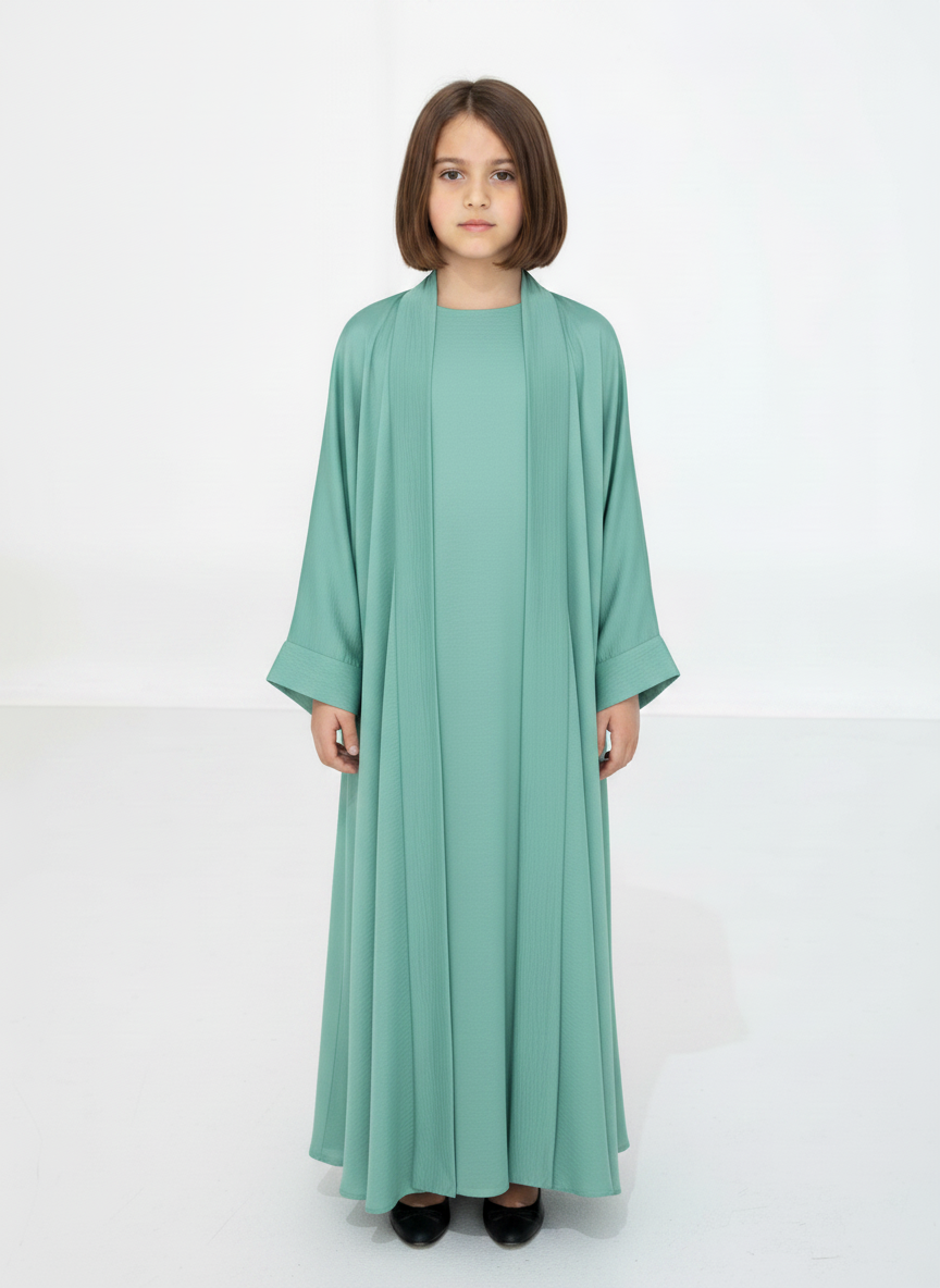 Green Premium 3-Piece Kids Abaya Set – Lightweight Harir Maqsood Modest Wear for Girls
