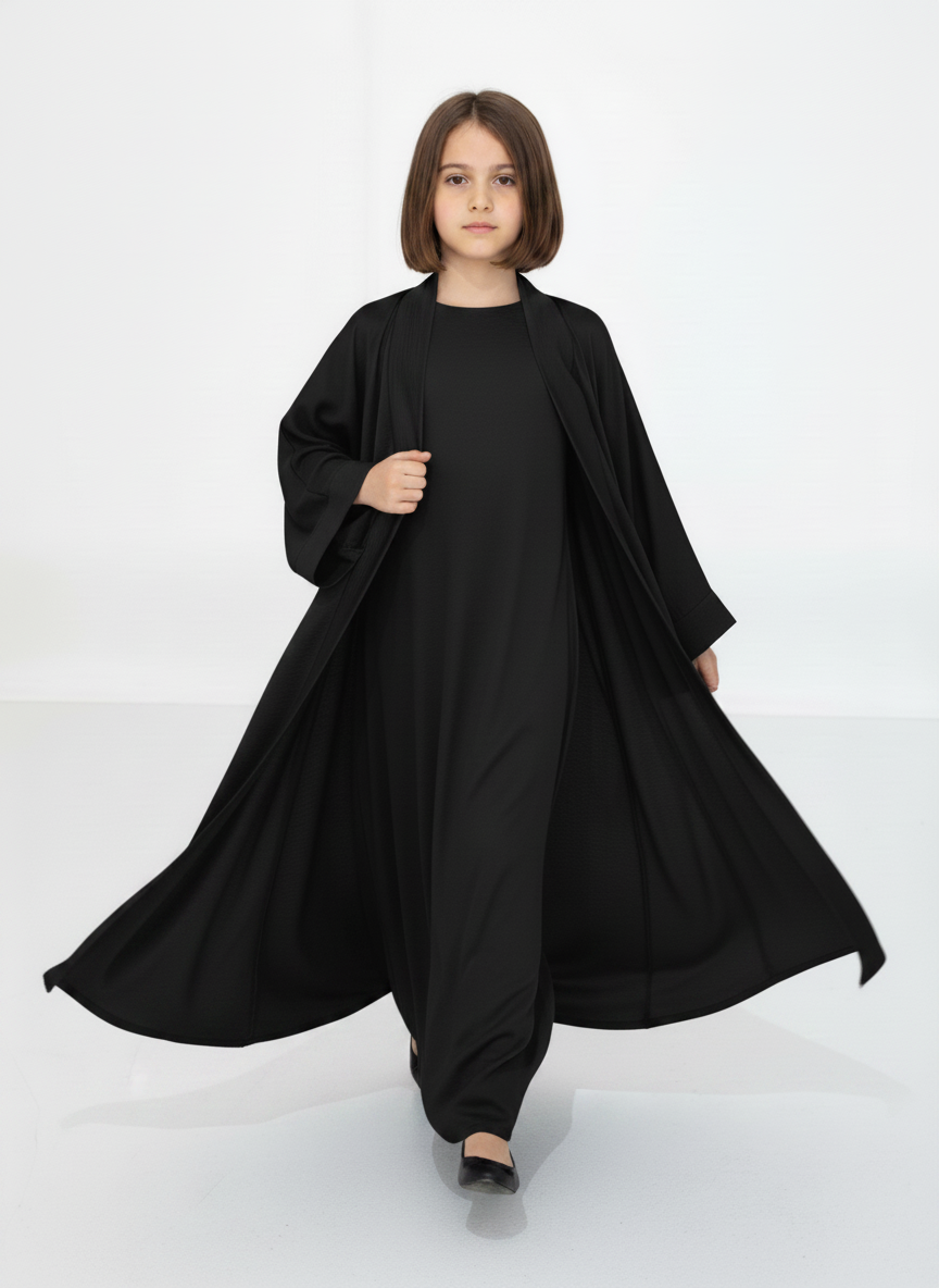 Black Premium 3-Piece Kids Abaya Set – Lightweight Harir Maqsood Modest Wear for Girls