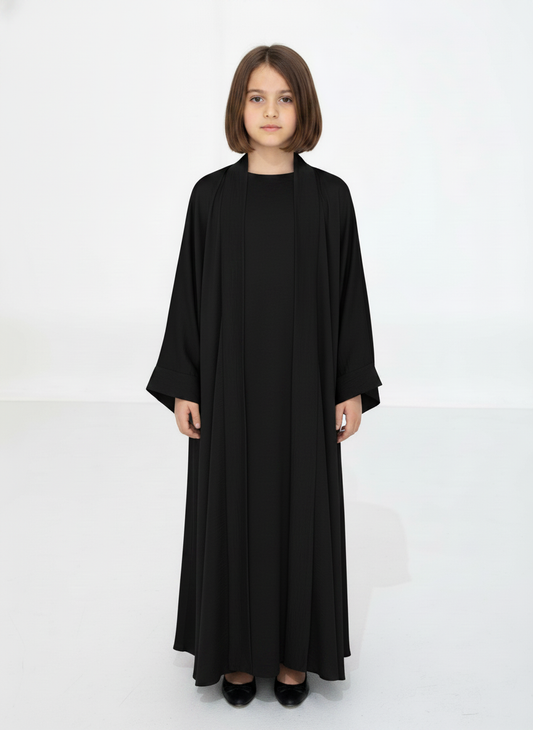 Black Premium 3-Piece Kids Abaya Set – Lightweight Harir Maqsood Modest Wear for Girls