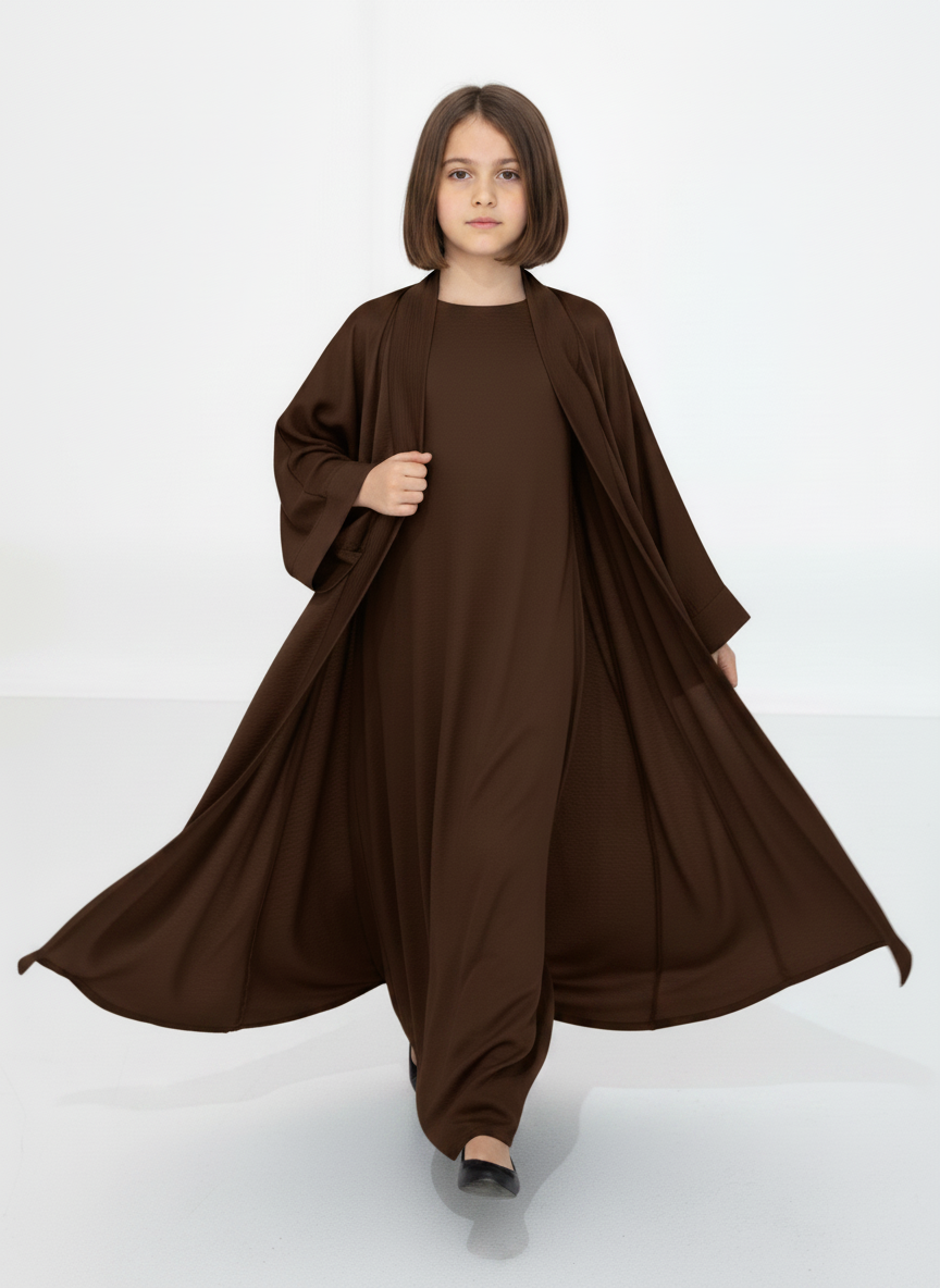 Brown Premium 3-Piece Kids Abaya Set – Lightweight Harir Maqsood Modest Wear for Girls