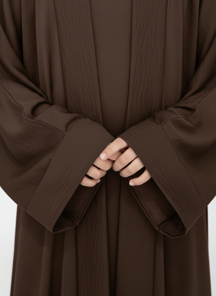 Brown Premium 3-Piece Kids Abaya Set – Lightweight Harir Maqsood Modest Wear for Girls