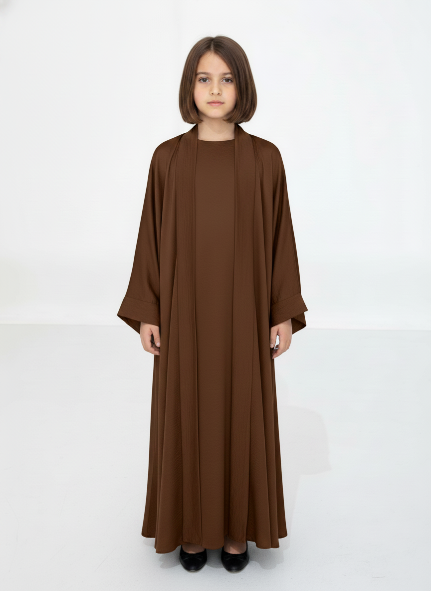 Brown Premium 3-Piece Kids Abaya Set – Lightweight Harir Maqsood Modest Wear for Girls