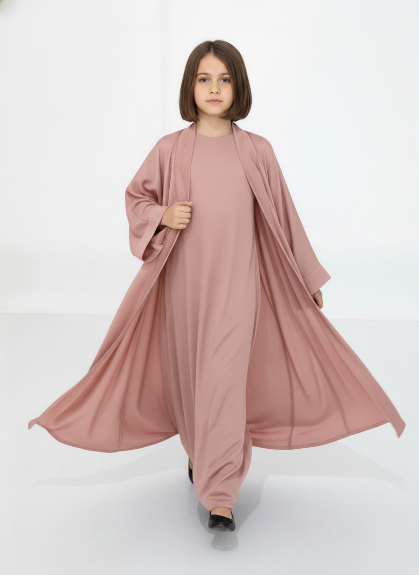 Pink Premium 3-Piece Kids Abaya Set – Lightweight Harir Maqsood Modest Wear for Girls