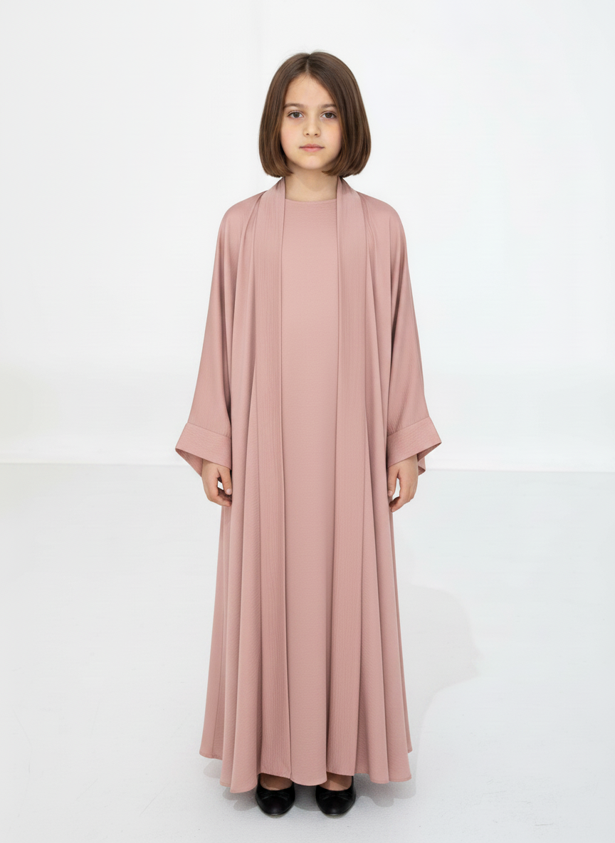 Pink Premium 3-Piece Kids Abaya Set – Lightweight Harir Maqsood Modest Wear for Girls