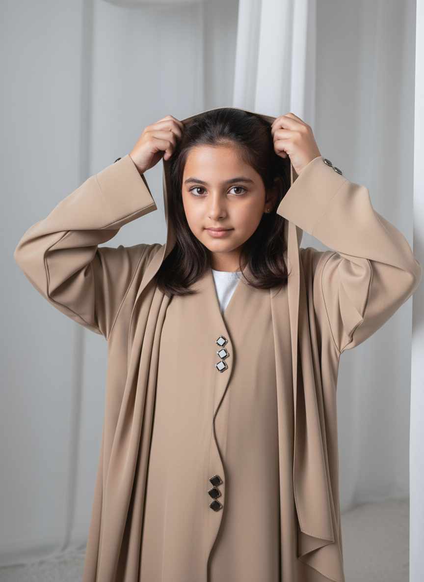 Kids Abaya With Sheila I Elegant Beige Barbie Crepe Modest Wear for Girls