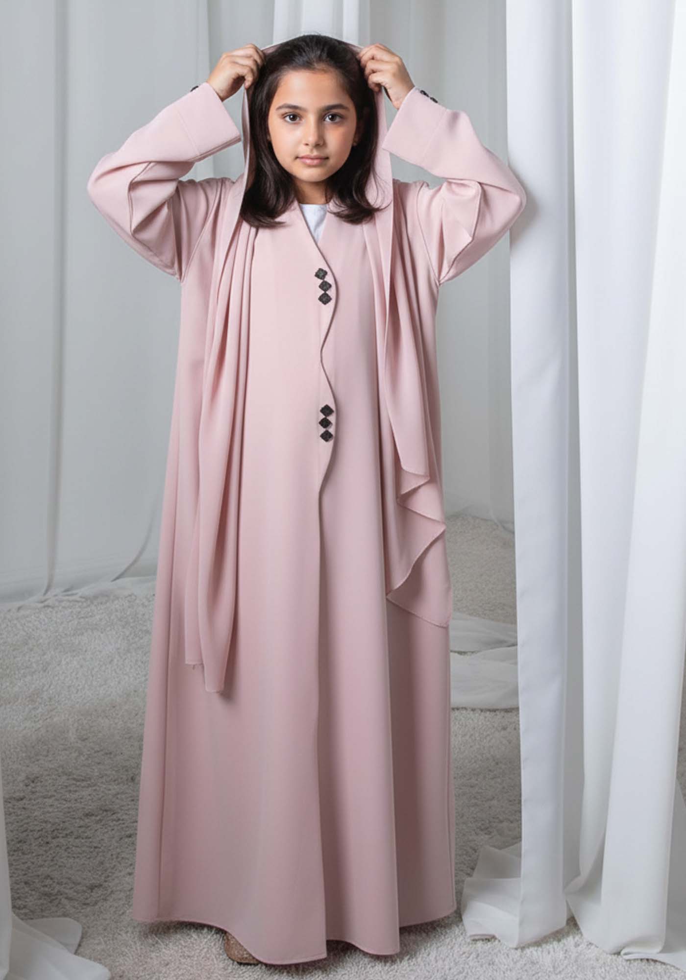 Kids Abaya With Sheila I Elegant Pink Barbie Crepe Modest Wear for Girls