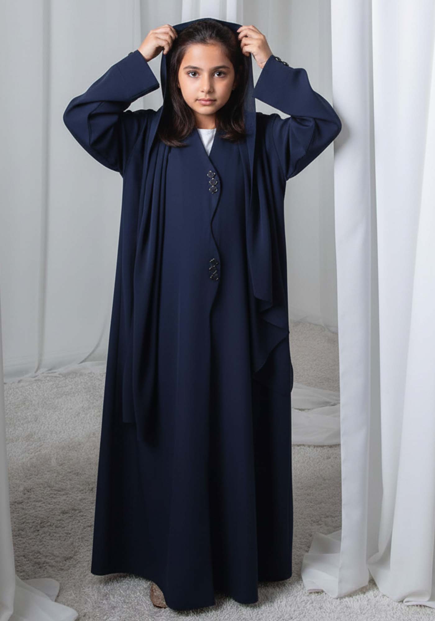 Kids Abaya With Sheila I Elegant Navy Blue Barbie Crepe Modest Wear for Girls