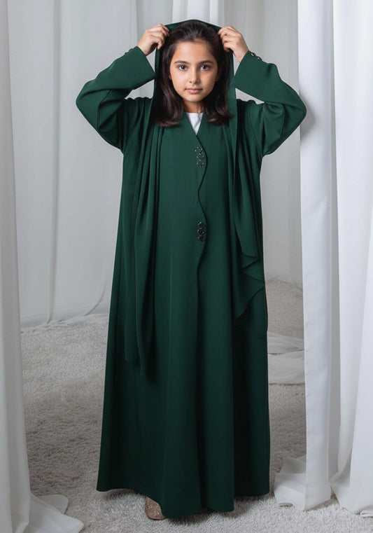 Kids Abaya With Sheila I Elegant Green Barbie Crepe Modest Wear for Girls