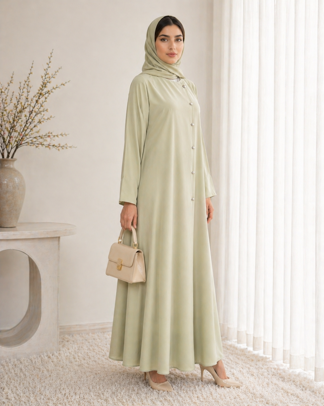 Sage Mist Korean Nida Abaya – Asymmetrical Button Design with Matching Chiffon Headscarf