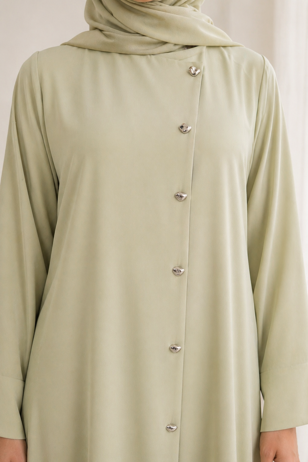 Sage Mist Korean Nida Abaya – Asymmetrical Button Design with Matching Chiffon Headscarf
