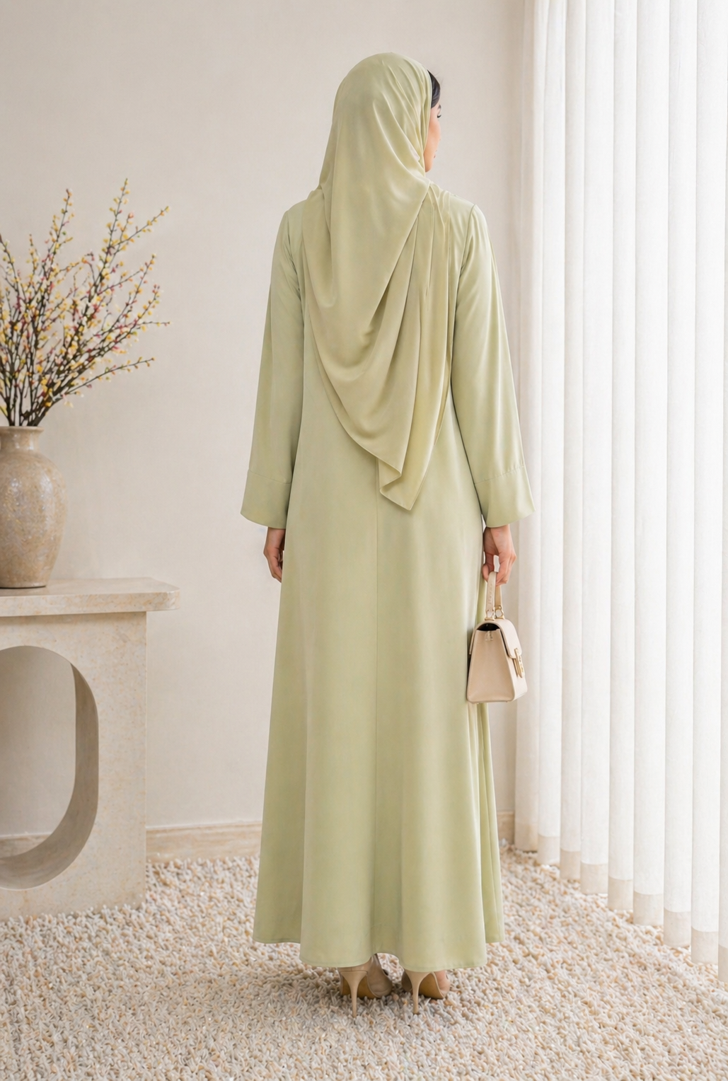 Sage Mist Korean Nida Abaya – Asymmetrical Button Design with Matching Chiffon Headscarf