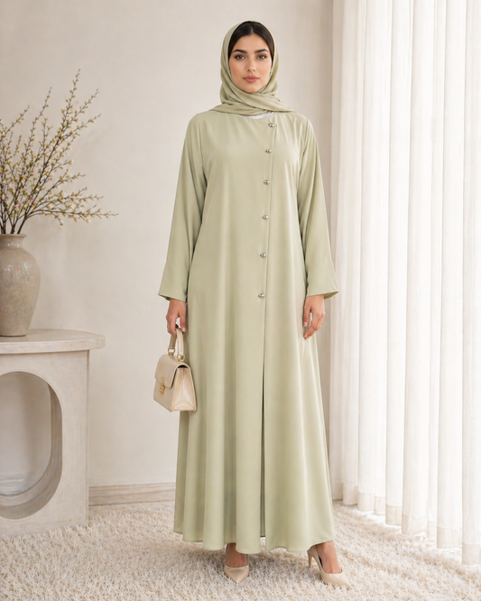 Sage Mist Korean Nida Abaya – Asymmetrical Button Design with Matching Chiffon Headscarf
