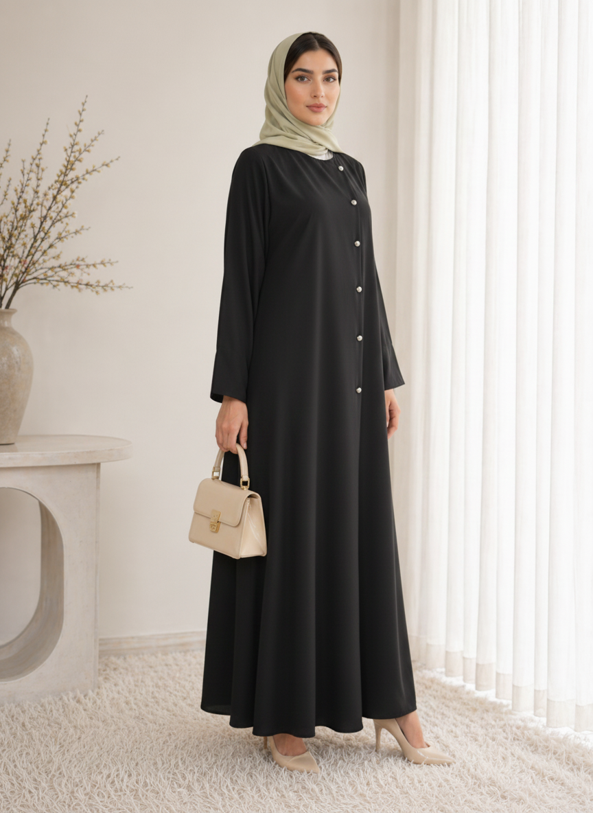 Black Korean Nida Abaya – Asymmetrical Button Design with Matching Chiffon Headscarf