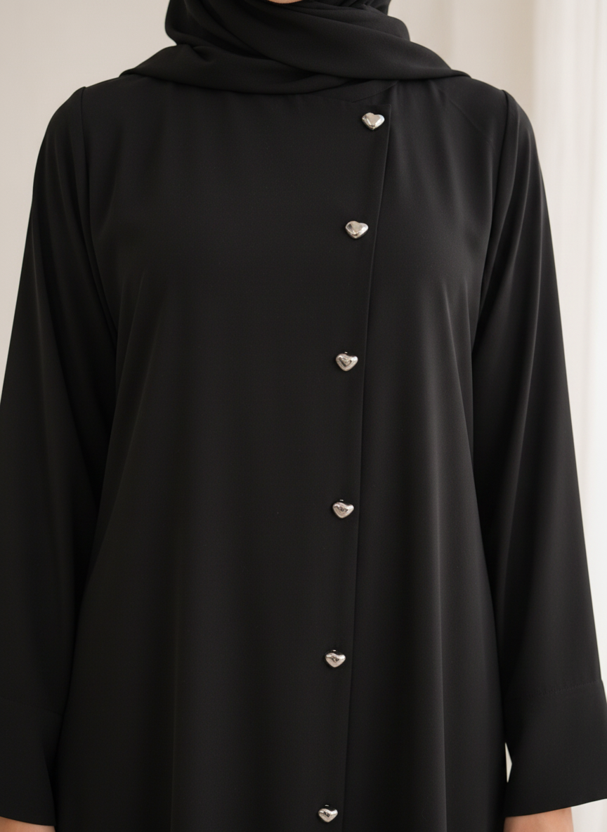 Black Korean Nida Abaya – Asymmetrical Button Design with Matching Chiffon Headscarf