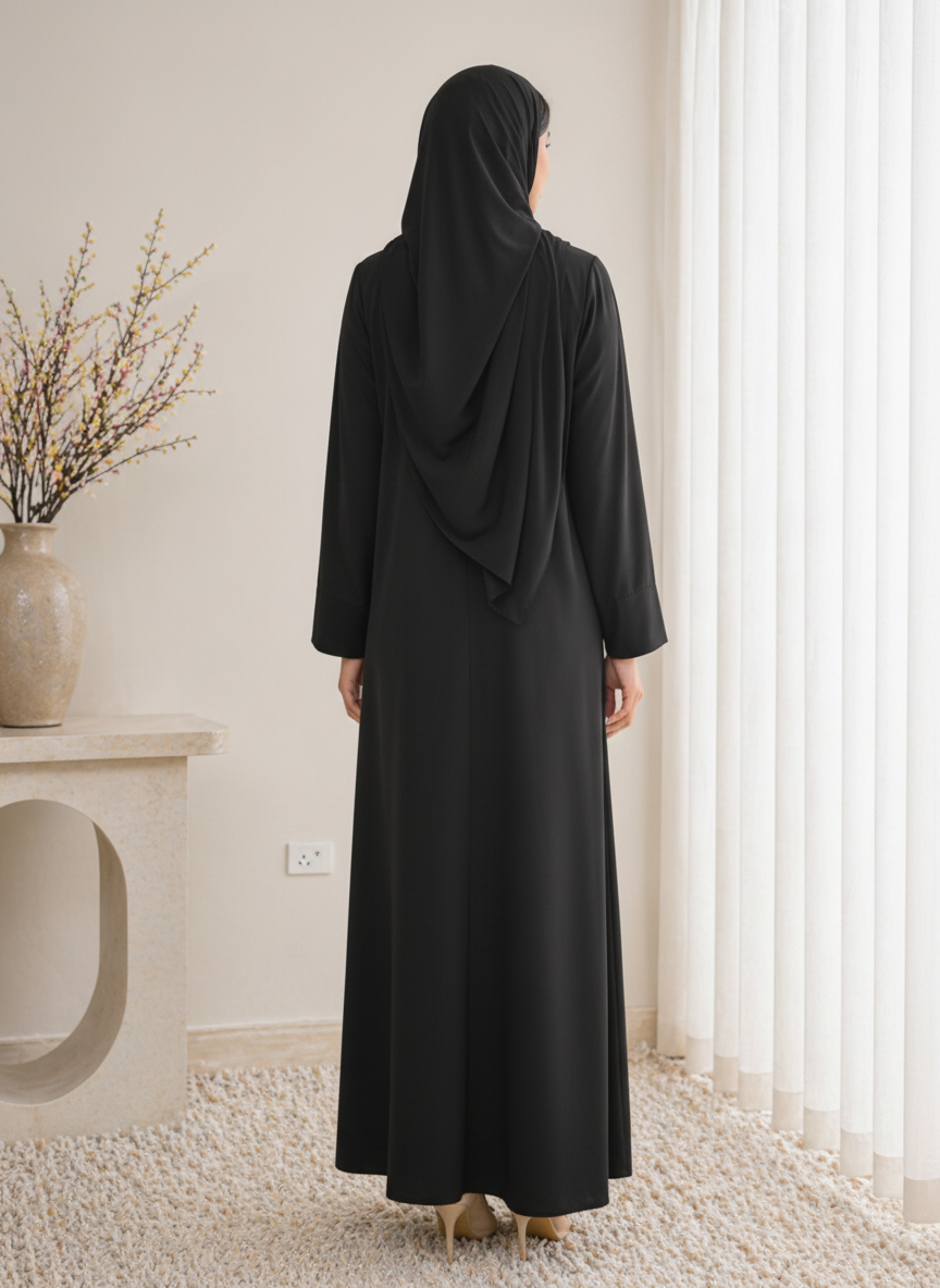 Black Korean Nida Abaya – Asymmetrical Button Design with Matching Chiffon Headscarf
