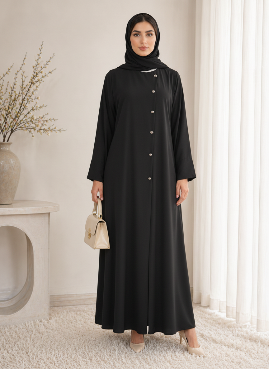 Black Korean Nida Abaya – Asymmetrical Button Design with Matching Chiffon Headscarf