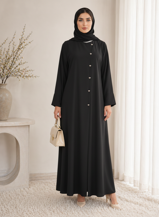 Black Korean Nida Abaya – Asymmetrical Button Design with Matching Chiffon Headscarf