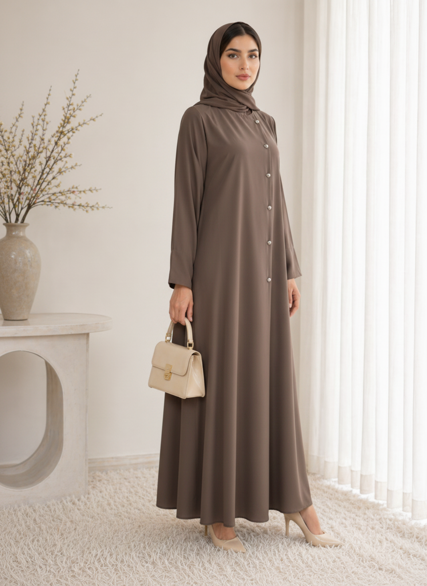 Brown Korean Nida Abaya – Asymmetrical Button Design with Matching Chiffon Headscarf