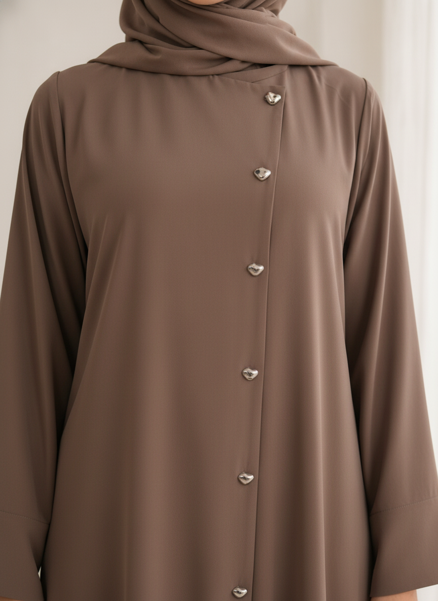 Brown Korean Nida Abaya – Asymmetrical Button Design with Matching Chiffon Headscarf