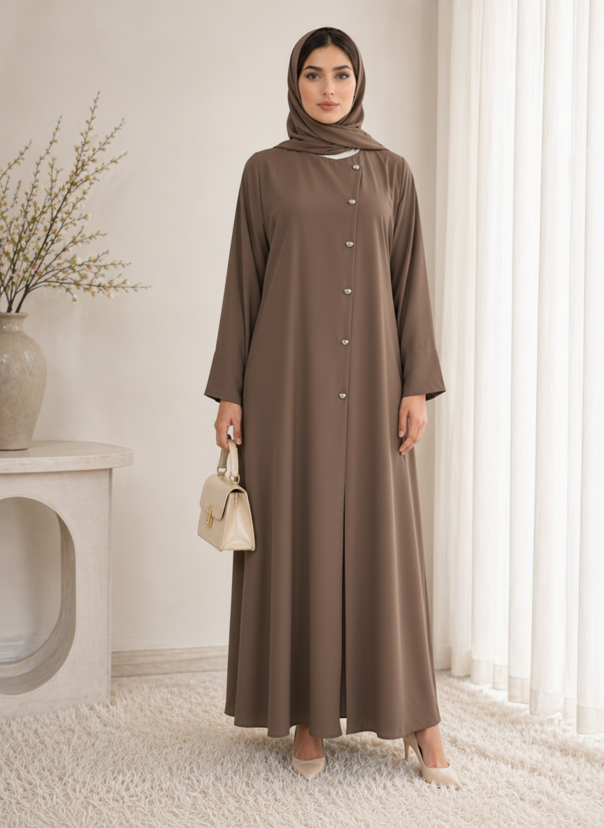 Brown Korean Nida Abaya – Asymmetrical Button Design with Matching Chiffon Headscarf
