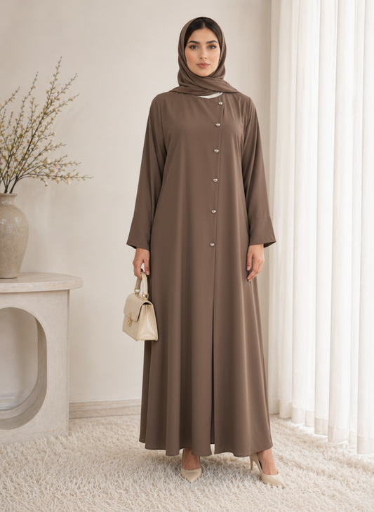 Brown Korean Nida Abaya – Asymmetrical Button Design with Matching Chiffon Headscarf