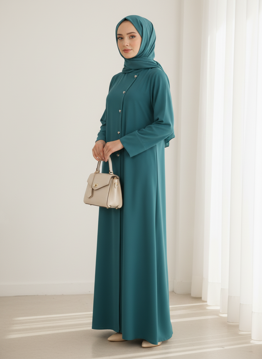 Green Korean Nida Abaya – Asymmetrical Button Design with Matching Chiffon Headscarf
