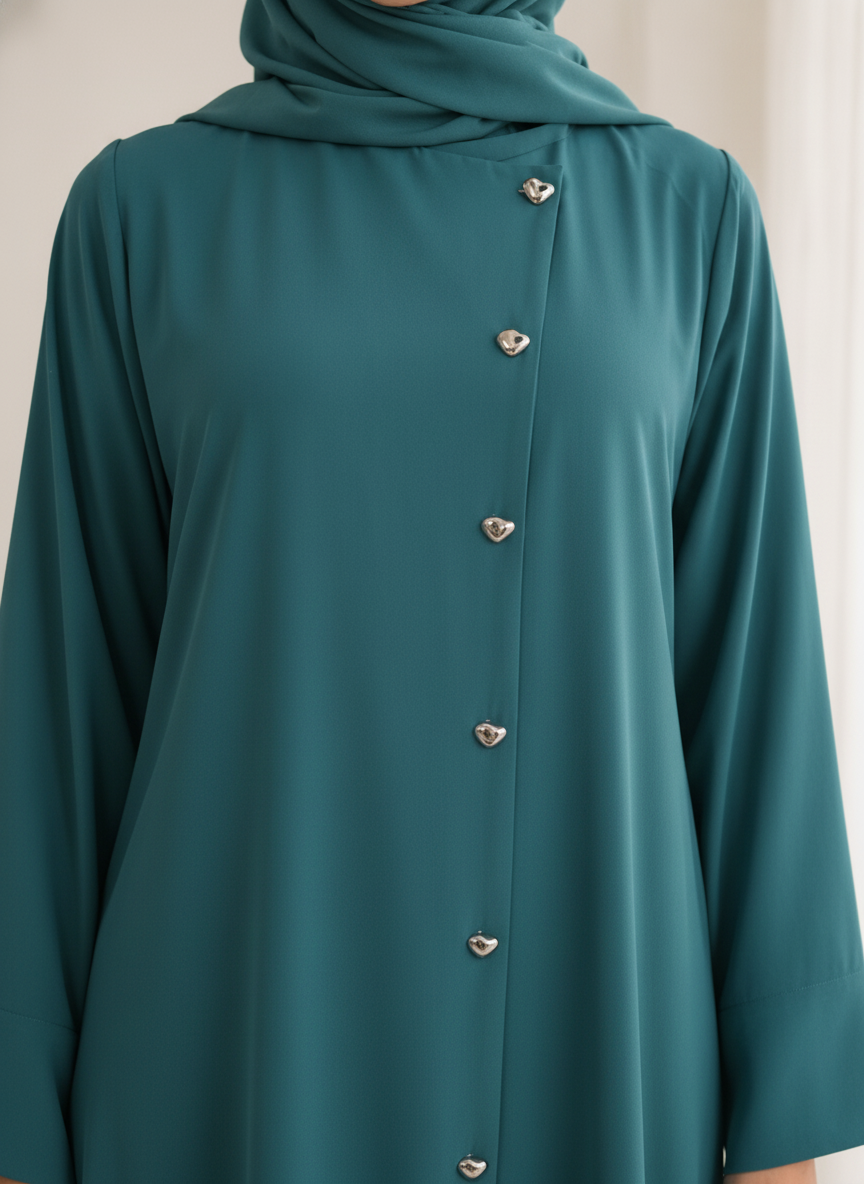 Green Korean Nida Abaya – Asymmetrical Button Design with Matching Chiffon Headscarf