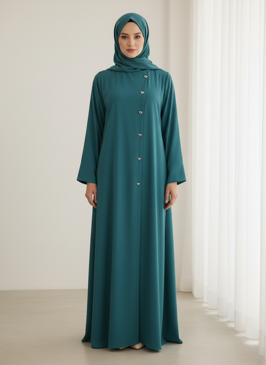 Green Korean Nida Abaya – Asymmetrical Button Design with Matching Chiffon Headscarf