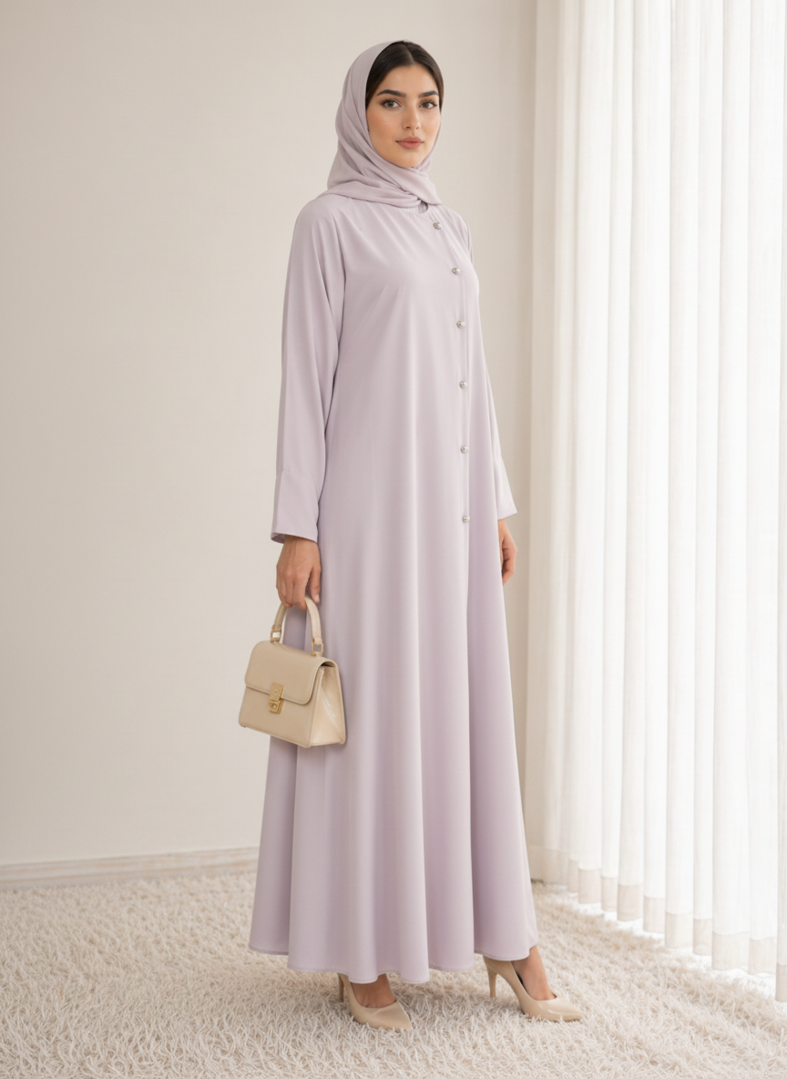 Lavender Korean Nida Abaya – Asymmetrical Button Design with Matching Chiffon Headscarf