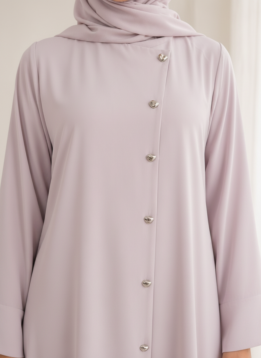 Lavender Korean Nida Abaya – Asymmetrical Button Design with Matching Chiffon Headscarf