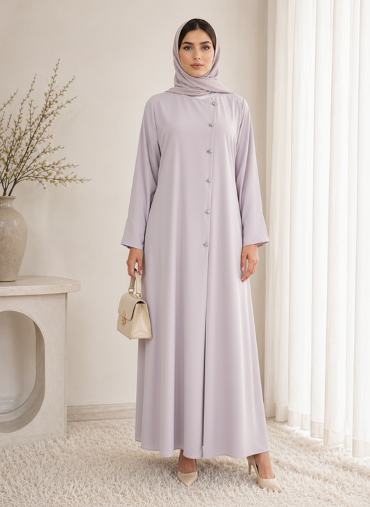 Lavender Korean Nida Abaya – Asymmetrical Button Design with Matching Chiffon Headscarf